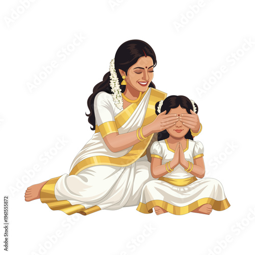 Kerala Mother and Daughter Celebrating Vishu Festival, Traditional Kerala Traditional Kasavu Saree and Pattu Pavada, Mother Hiding Child's Eyes for Vishu Kani Vision, Vector Illustration