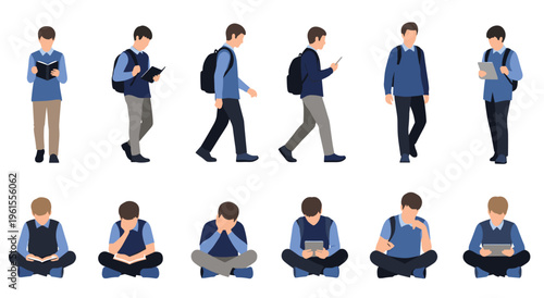 Teenage boy student characters sitting and walking vector collection