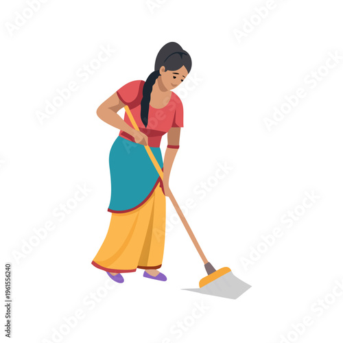 Indian Woman Sweeping Floor With Broom Traditional Household Work Illustration