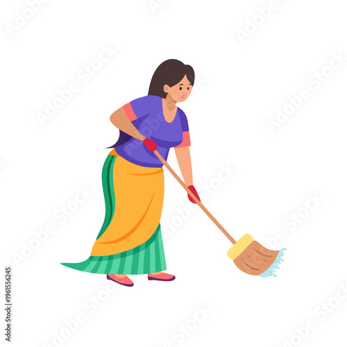 Indian Woman Sweeping Floor With Broom Traditional Household Work Illustration
