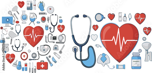 Healthcare and cardiology vector illustration set featuring heart ECG stethoscope medical equipment and hospital tools for health care design