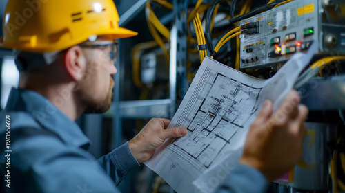 分電盤を点検しながら図面を確認する電気工事士