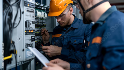 分電盤を点検する電気工事士二人の作業風景