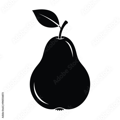 Simple black pear silhouette vector icon illustration with a small leaf and stem