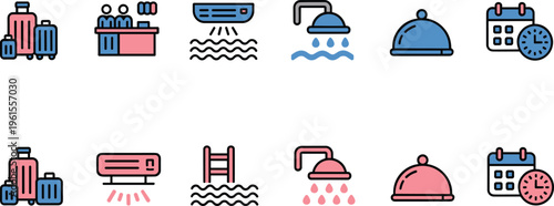 Hotel and hospitality service icons set featuring luggage, reception, air conditioning, shower, room service and booking schedule concepts