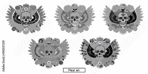 Multiple grayscale skull and wings emblems with distressed textures displayed