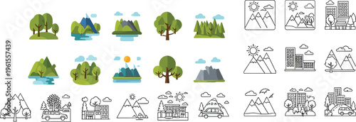 Nature and city landscape vector icon set including mountains forests lakes trees and urban buildings in flat and outline styles