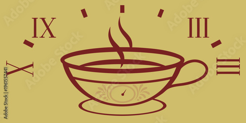 A stylized illustration of a teacup with roman numerals surrounding it