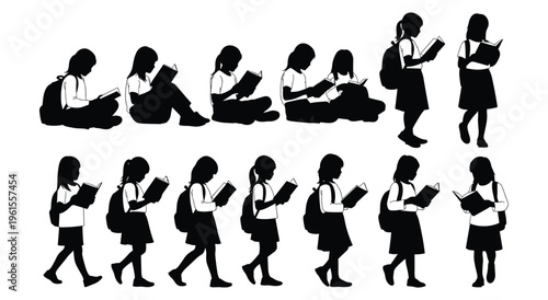 Silhouettes of schoolgirls in uniform reading books and learning