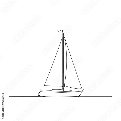 Single continuous line drawing of a sailboat with sails unfurled, symbolizing freedom and adventure.