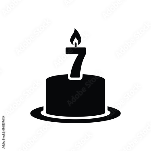 Black and white silhouette icon representing a birthday cake with a lit number seven candle