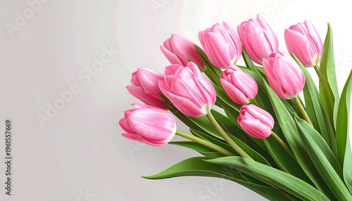 A Beautiful Bouquet of Pink Tulips on a Light Background.