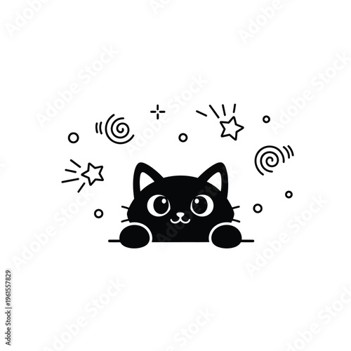 Adorable black kitten peeking playfully from behind a surface with cute magical stars