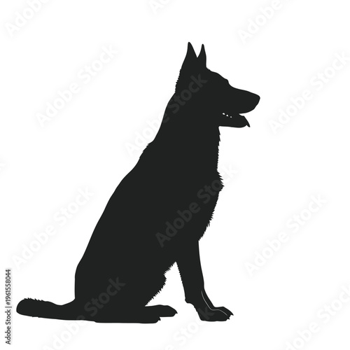 A striking black silhouette of a german shepherd dog sitting patiently with its tongue out