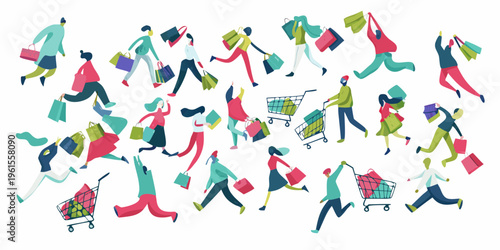 Diverse group of people happily shopping with bags and carts