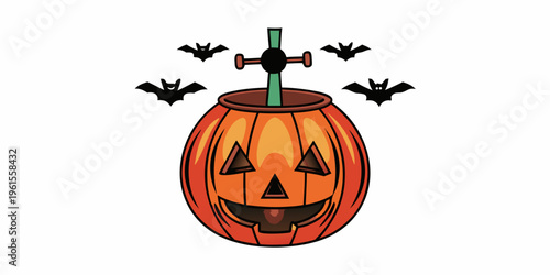 A vibrant cartoon jack o lantern surrounded by flying halloween bats