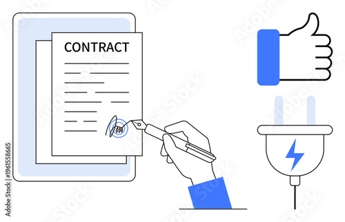 Contract signing process. The act of signing a contract with a pen, digital approval with a thumbs-up icon, and power connection symbol. Use in legal, business, or energy-related . Contract