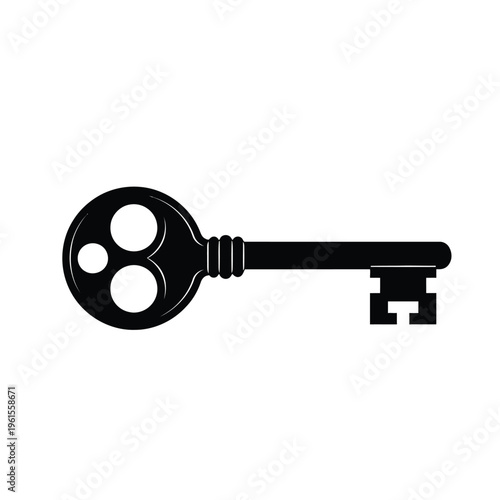 Simple black silhouette vector graphic of an antique skeleton key isolated on white background