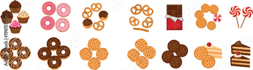 Sweet snack vector set with cookies, donuts, pretzels, chocolate and candy, bakery dessert collection isolated on white background illustration