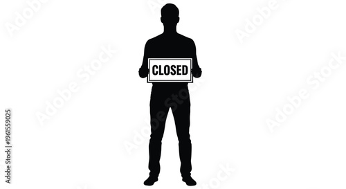 Silhouette of a person holding a closed sign against a stark white background