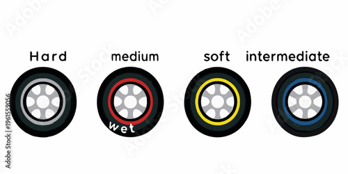 Illustration of four car tires with varying tread and color schemes
