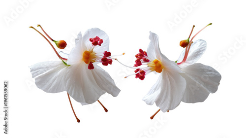 Delicate Dance: Two pristine white flowers, their petals elegantly unfurled, showcasing vibrant red stamens. The delicate dance of nature's beauty in full bloom.
