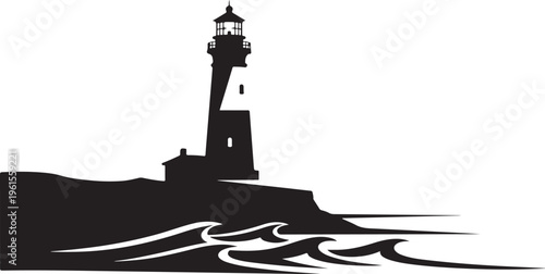 Lighthouse Silhouette on Rocky Coast with Ocean Waves Crashing