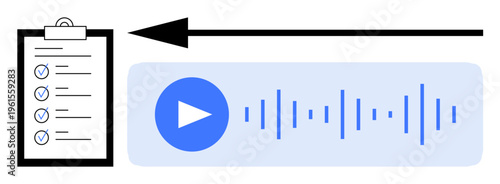 Audio-to-text conversion. Visual ation of speech-to-text process with clipboard, audio waveform, and play button. Audio-to-text streamlining documentation and accessibility. For transcription, AI