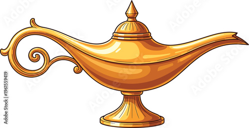 Golden ornate oil lamp illustration with curved handle, spout, and lid symbolizing Aladdin magic, genie wishes, fantasy folklore, and cultural mythical design element artwork