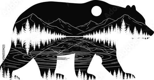 bear silhouette landscape illustration, forest mountain scene design, wildlife nature art, outdoor adventure concept, double exposure graphic, black white vector, cad drawing flat vector illustration