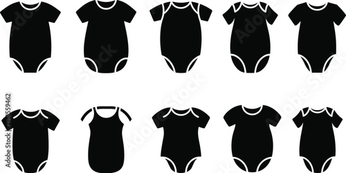 Baby onesies silhouette collection, infant clothing design variations, fashion illustration set, newborn apparel styles, sleeveless short sleeve bodysuit outline