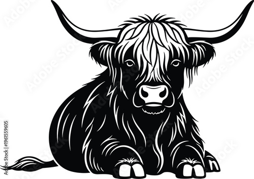highland cow silhouette, shaggy bull illustration, farm animal vector, rustic livestock design, black white logo, scottish cattle art, cad drawing flat vector illustration