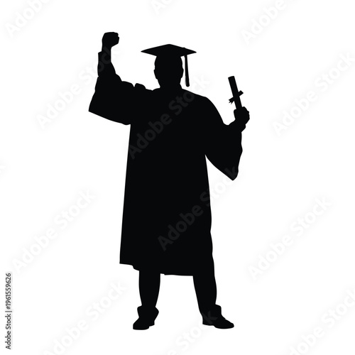 A jubilant graduate silhouette celebrating academic success holding a diploma and raising a triumphant fist