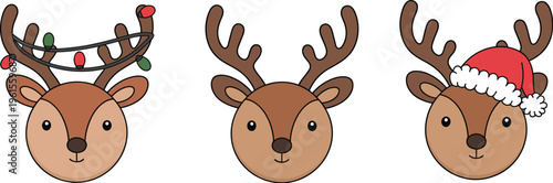 Cartoon reindeer heads Christmas decorations, festive antlers with lights Santa hat holiday illustration, cute winter character design seasonal celebration drawing