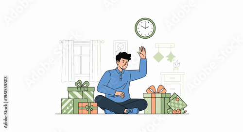 Man Celebrating Surrounded by Gift Boxes and Clock.