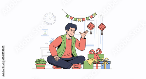 Happy Man Celebrating Birthday With Gifts.