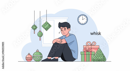 Lonely man sitting among gifts with wrapped presents.