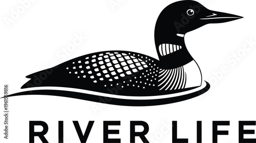 loon bird silhouette, river life illustration, wildlife nature logo, aquatic bird design, outdoor adventure symbol, black white vector, cad drawing flat vector illustration