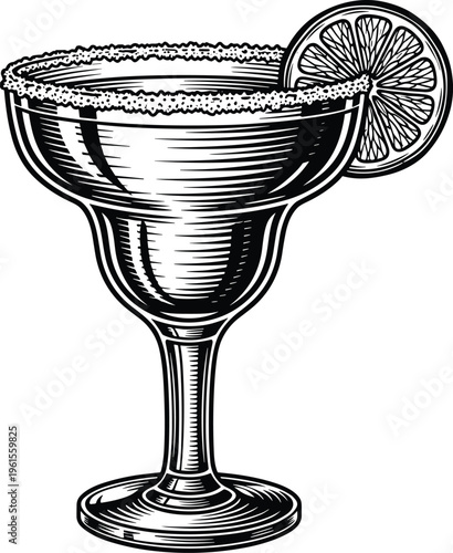 margarita cocktail glass illustration, citrus drink vector, lime garnish design, bar beverage icon, alcohol party concept, black white graphic, cad drawing flat vector illustration