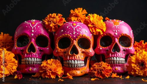 Decorated Sugar Skulls and Marigolds for Day of the Dead Celebration.