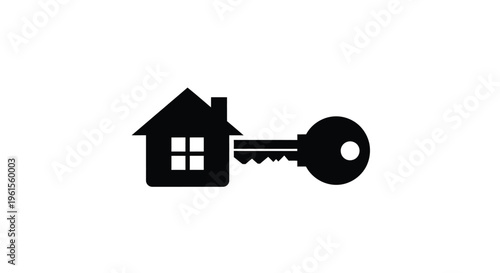 Simple black and white graphic icon representing home ownership transfer with a house and key symbol