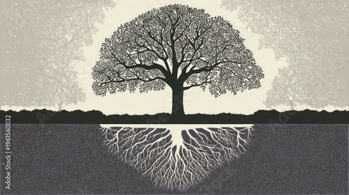 Mature deciduous tree structure is visually presented with its elaborate canopy and extensive subsurface root system