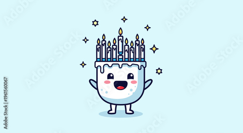 Happy Birthday Cake Character With Candles Illustration.