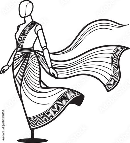 Draped sari dress with geometric border on mannequin continuous one line drawing minimalist outline illustration indian ethnic fashion in one line art style vector.