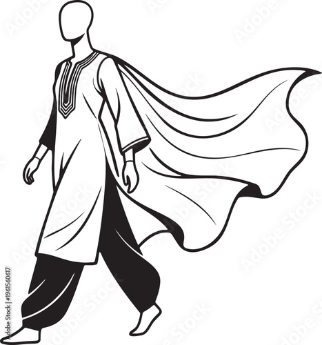 Walking mannequin in a kurta and cape, continuous one-line drawing, minimalist outline illustration, ethnic traditional clothing in one-line art style vector.
