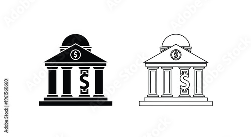 Collection of vector graphic illustrations depicting a classical bank building facade with prominent dollar symbols integrated into the design elements