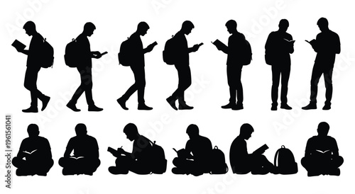 Set of male student or young man in various poses reading book