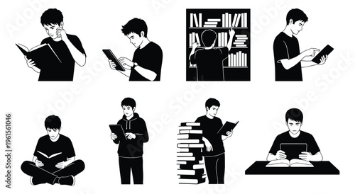 Set of black and white male student or young man reading book
