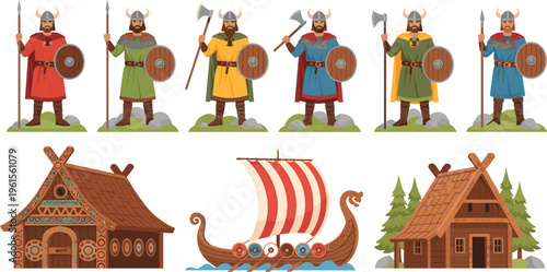 Illustration of Viking warriors with horned helmets, shields, axes, and spears alongside Viking house, longship, and cabin, symbolizing Norse culture, history, and traditional heritage.