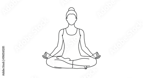 Minimalist black and white vector illustration of a woman practicing yoga sitting in the lotus meditation pose for wellness.